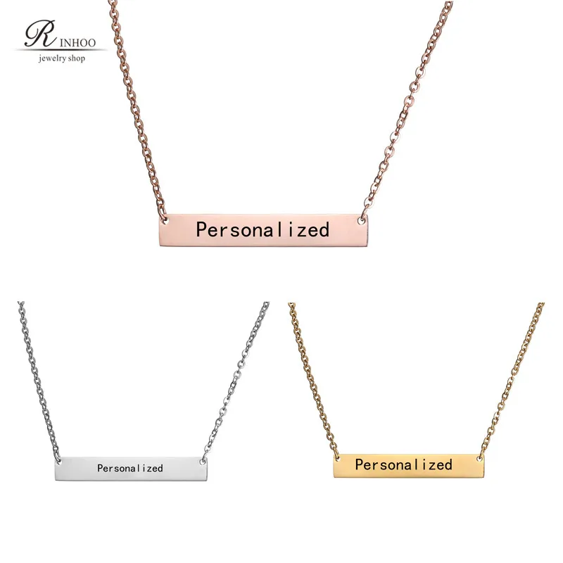 Personalized Blank Bar Pendant Necklace 3 Colors Stainless Steel Customized Name Plate Necklace Can Engrave Word Letters Jewelry 5 20 100 pcs metal label personalized tag for handbag laser engrave logo custom brand logo bag labels plate etiquettes metalique