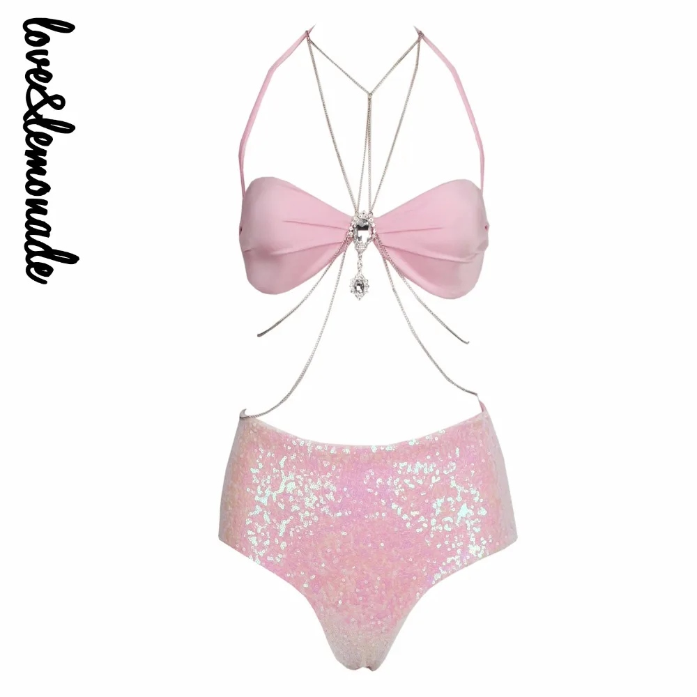 

Love&Lemonade Colored Sequins Chains Decorated Pink Bra Sets TB 9295