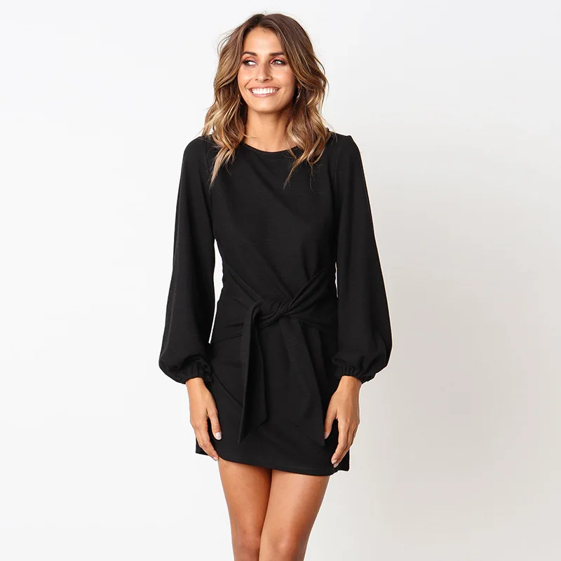 

2018 Autumn Winter Dress Fashion Women Casual Loose Elegant Dress Long Sleeve O-Neck Sexy Black White Dress With Belt Vestidos