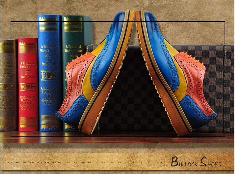 Branded Design Men's Casual Patent Full Grain Leather Oxfords Shoes Lace-Up Full Brogues Shoes Pointed Toe Fashion Mixed Color (10)