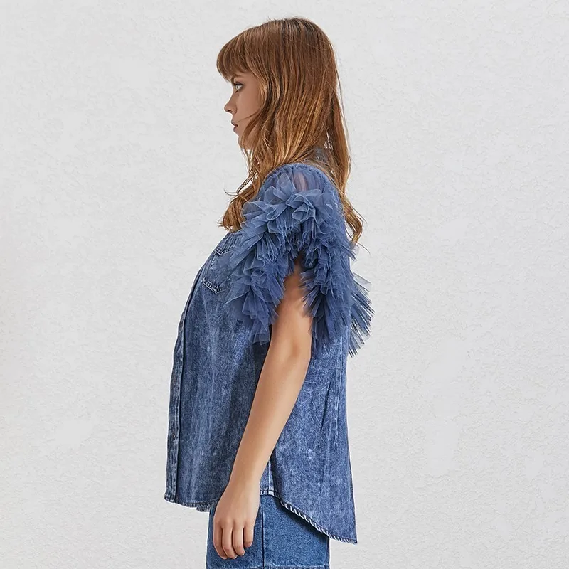 awesome  TWOTWINSTYLE Summer Mesh Patchwork Women Jacket Lapel Sleeveless Button Big Size Denim Coat Female 
