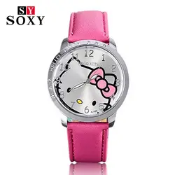 Мультфильм часы модного бренда рисунок «Hello Kitty» кварцевые часы для девочек Для женщин кожа кристалл детские наручные часы 2018