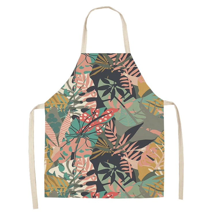 1 Pcs Abstract Green Leaves Pattern Kitchen Aprons for Woman Home Linen Sleeveless Apron Kitchen Cooking Bibs Cleaning Tools - Цвет: WQL0028-6