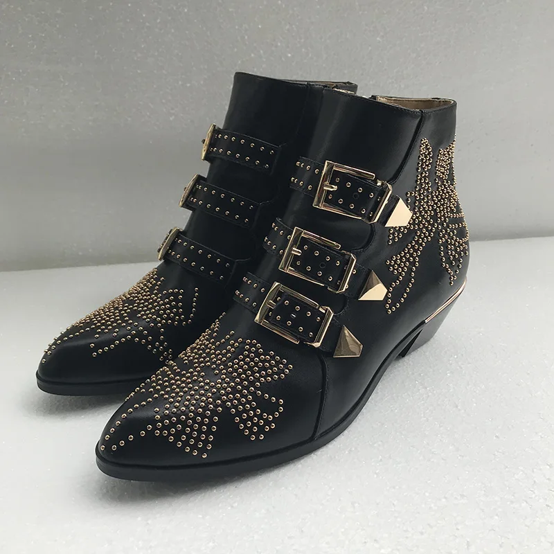

New Fashion Ladies Ankle Boots Gold sequins Shoes Black Women Pointed Toe Square Heel Buckled Combat Boots womens size 41