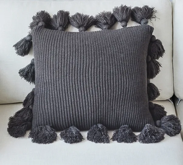 Knitted Cushion Cover Solid Pink Beige Grey Nordic Style Pillow Case With Tassle For Sofa Bed Room Home Decorative 45*45cm - Цвет: dark grey