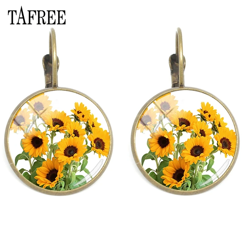 TAFREE, клипсы в виде подсолнуха, стеклянные драгоценные камни, художественное фото, ушные клипсы, античная бронза, покрытые вручную, серьги для женщин, модное ювелирное изделие, XR05