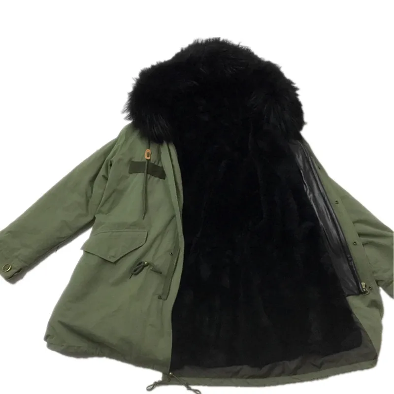 Sf0249 женщины Army Green Большой из меха енота куртка с капюшоном/Рекс кролика парки верхняя одежда длинные съемной подкладкой зимняя куртка