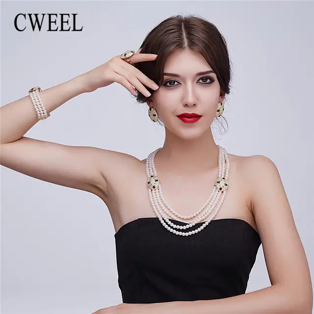 Online Shop Cweel Pearl Jewelry Set For Women Ethiopian Bridal
