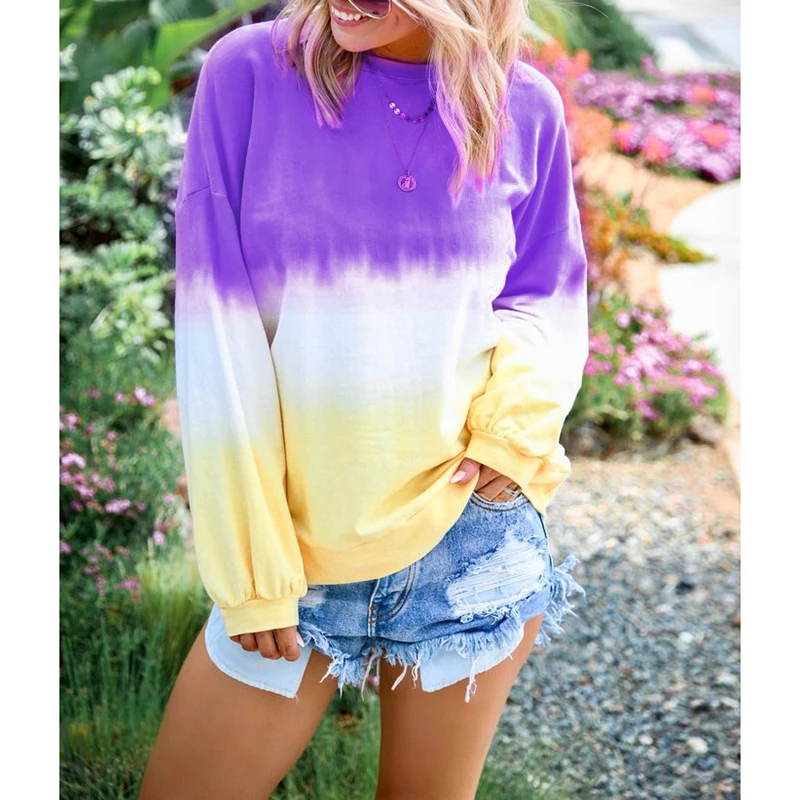 

Fashion Sexy O Neck Long Sleeve European Loose Sweatshirt For Women Casual Ladies Rainbow Gradient Autumn Sweatshirt SJ3493M