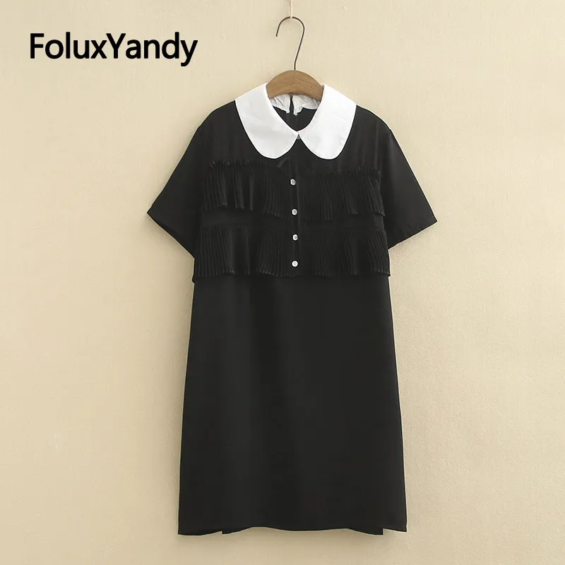 

Peter Pan Collar Ruffles Dress Women Black Vestidos Mini Plus Size Summer Short Sleeve Dress KKFY3719