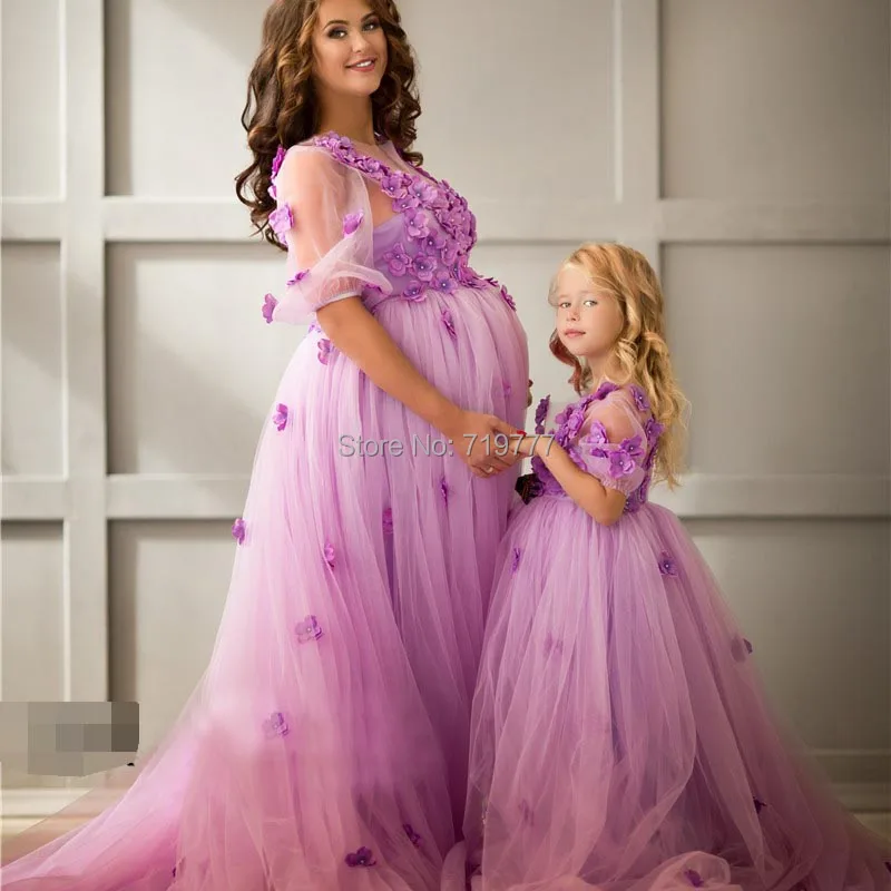 Платье принцессы с объемным цветком для мамы и дочки; вечернее платье лавандового цвета; платье с цветочным узором для девочек; официальное платье из тюли для беременных женщин