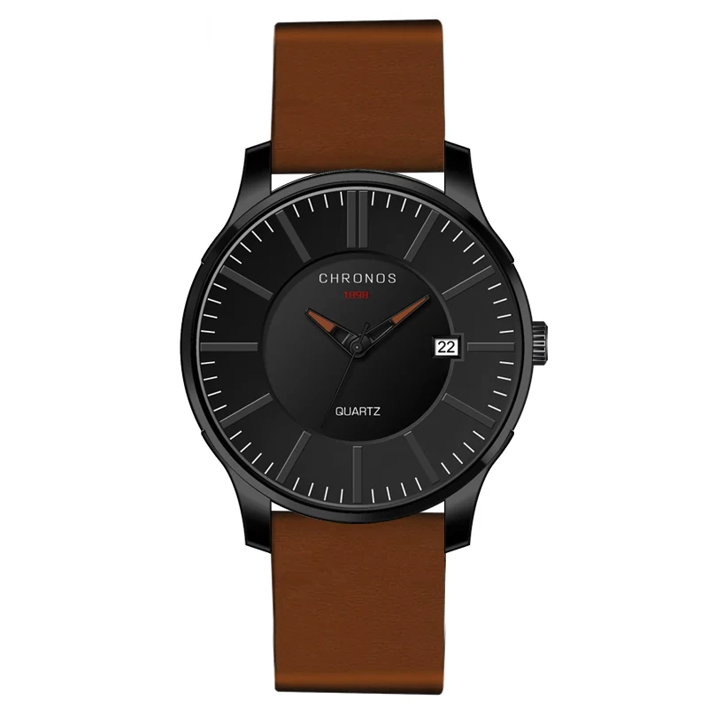 CHRONOS Men's Watches Male Boys Simple Waterproof Analog Wristwatch with Calendar  Blue Brown Leather Strap Relogio Masculino