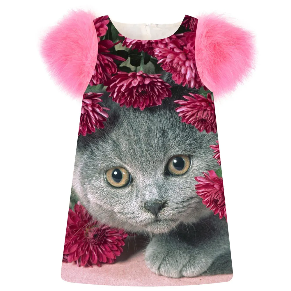 Платье для девочек с модным принтом кошек и цветов; сезон весна-осень; платье с рукавами из искусственного меха для девочек; платья для маленьких детей; одежда для детей