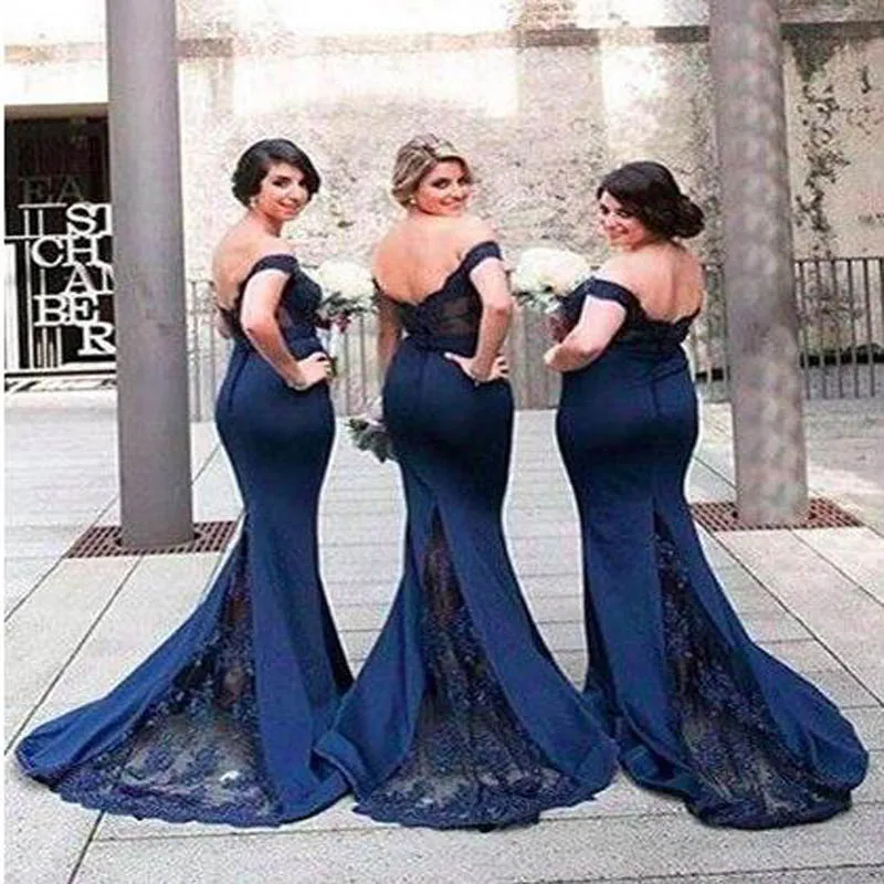 Navy Blue Mermaid Bridesmaid Dresses 2017 Off the Shoulder Sweep Train Ribbon Lace Maid of Honor Gown Party Dress Robe de Soiree | Свадьбы и