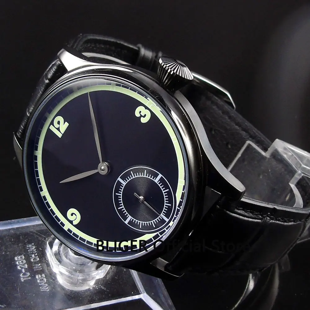 

44MM Black Sterile Large Face Black PVD Case Pilot Watch Genuine Leather Strap 17 Jewels 6498 Hand-Winding Movement Men's Watch