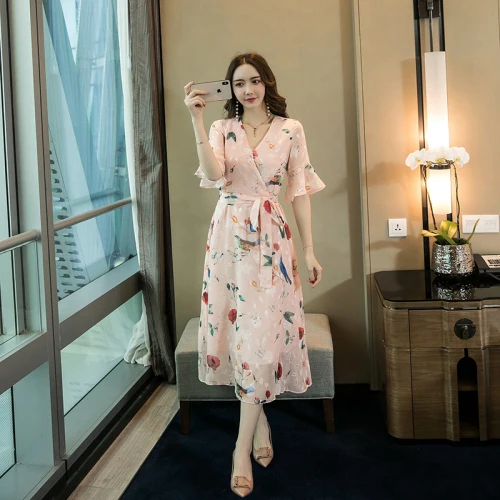 

Summer Flare Sleeve Print V-neck Boho Beach Dress Light Pink Floral Chiffon Vintage Midi Dresses Woman Fashion Elegant Clothes
