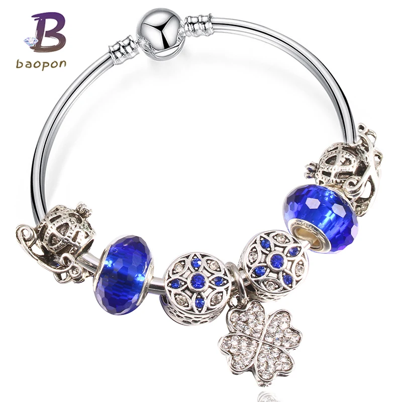 

BAOPON Crystal Beads Maple Leaf Enamel Silver Plated Bead Charm Bracelet For Women With Blue Crystal Brand Bracelet Jewelry