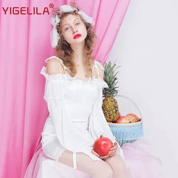 

YIGELILA Fashion Women White Flare Sleeve Bodycon Dress Autumn Slash Neck Off Shoulder Ruffles Solid Bandage Mini Dress 63154