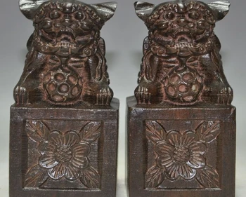 

5" chinese Red wood Carving animal foo dog lion beast flower ball statue pair