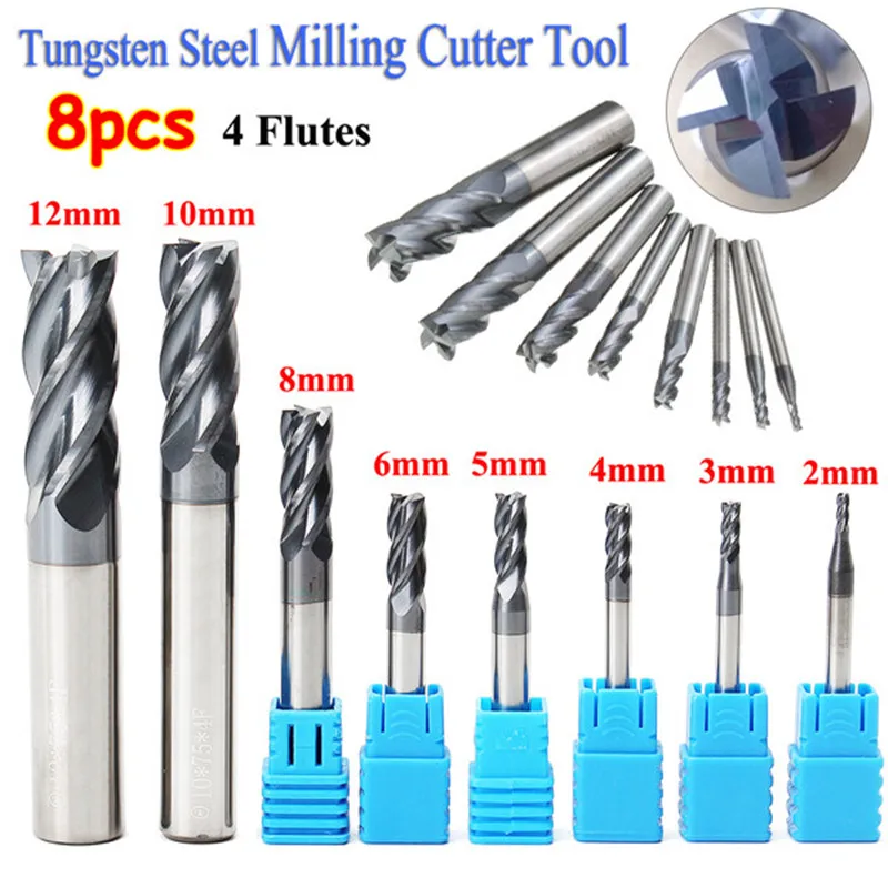 

8pcs 4 Flutes Milling Cutter Carbide End Mill Set Steel Milling Cutter Tool CNC 2-12mm CNC Mill Drill Bit Machine Tools