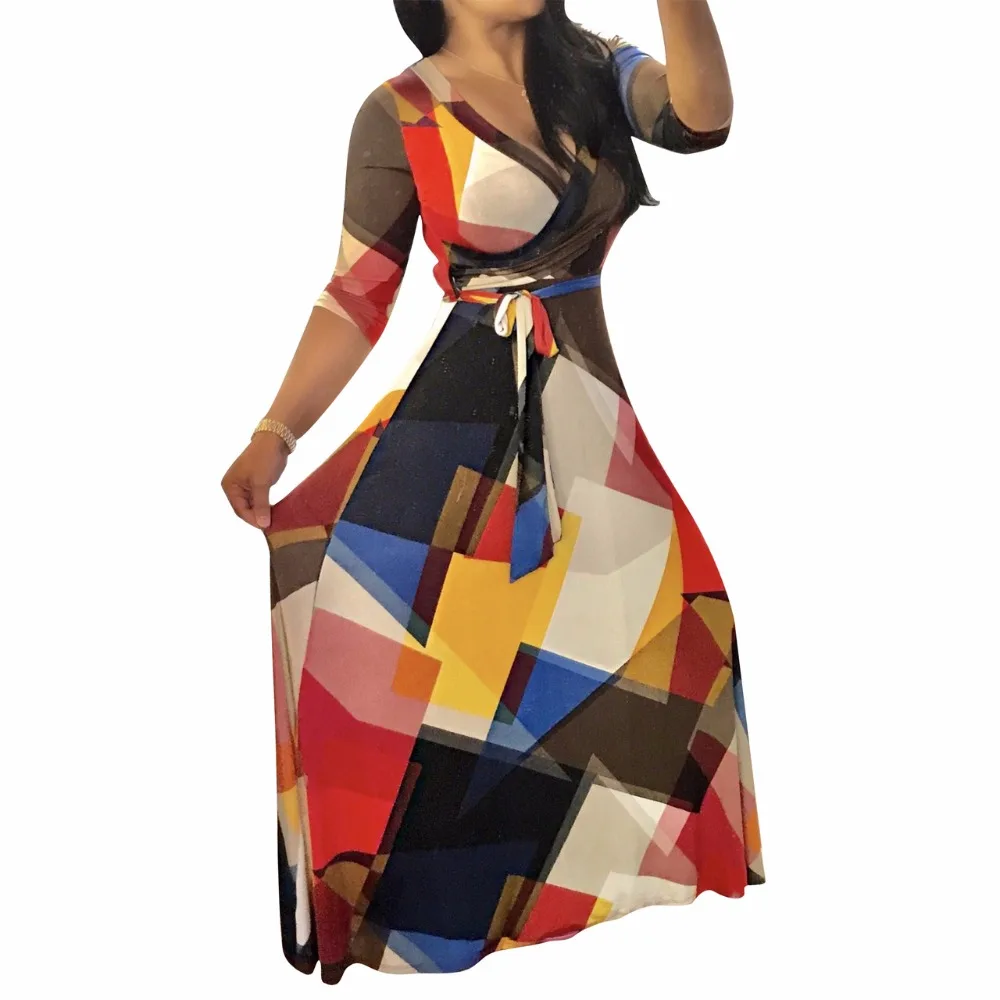 

New arrival summer dress 2018 women plus size v-neck print dress maxi dress long party dress