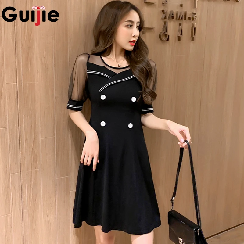 

Guijie 2019 Summer Autumn White Causal Mesh O-neck Dress Sexy Black Elegant Hepburn Slim A-line Mini Dresses Plus Size vestidos