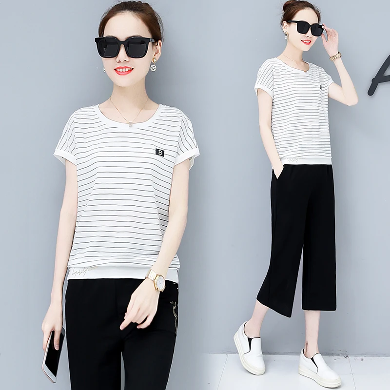 

White Striped 2 Piece Set Matching Outfit Tracksuit Sportswear Co-ord Set for Women Summer Top Pants Suits Plus Size Clothing