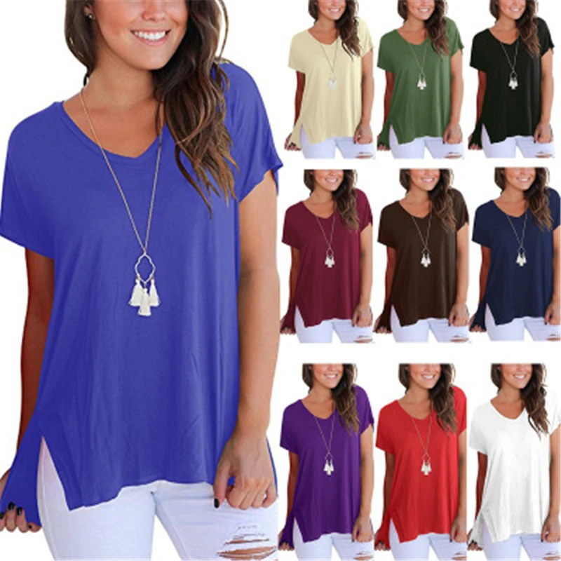 

2019 Summer V-Neck Short Sleeve Femme Split T-Shirts Casual Loose Solid Color Tops Tees 2XL Plus Size Women Clothing T-Shirt