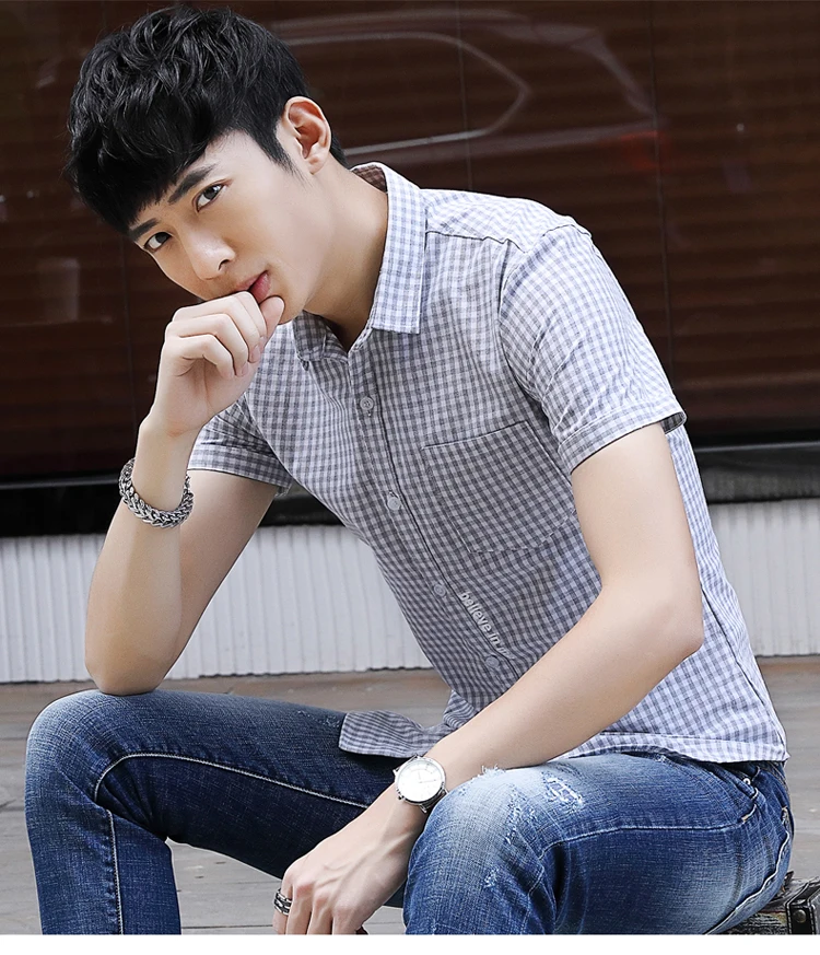 2019 летние мужские рубашки с рукавами и мужские корейские версии соответствуют тренду молодежи тонкий красивый досуг плед