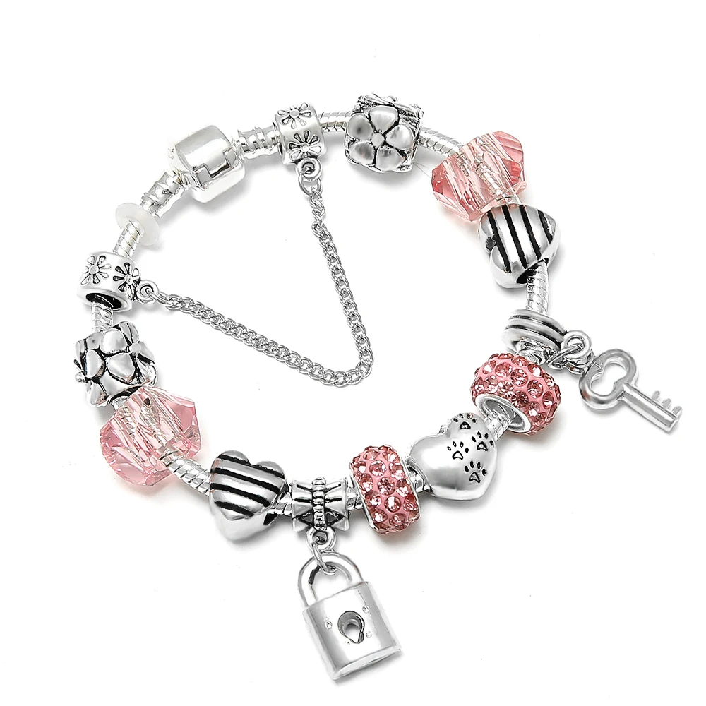 MISSITA Romantic Love Silver Color DIY Charm Bracelet Love Heart Key and Lock Pandora Bracelet
