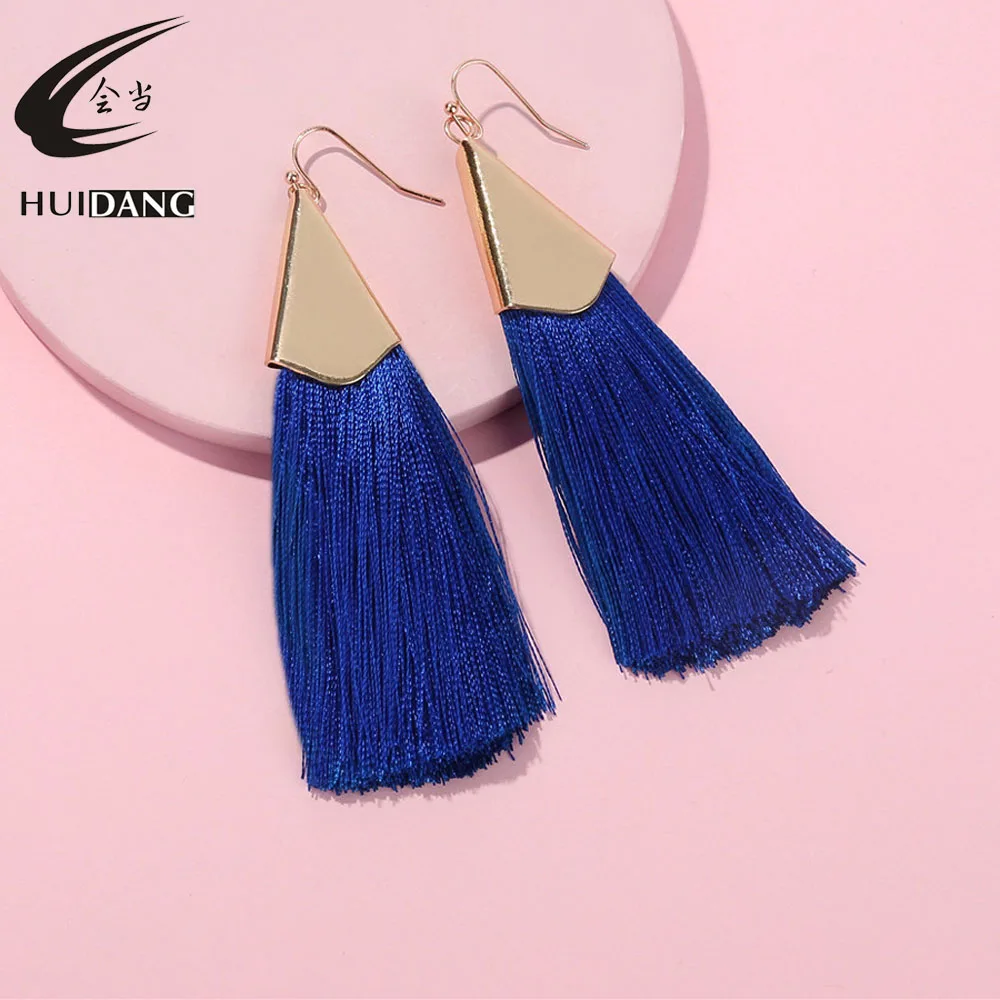 

HUIDANG Gold Plating Fan Shape Brushed Cap Silk Fringe Tassel Earrings With Fish Hook Women Drop Earrings
