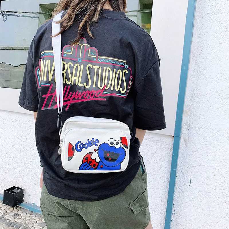 

Lovely Funny Sesame Street Handbags Woman Slanting Small Square Bag Korean Version Shoulder Student Canvas Cartoon Polyester Bag