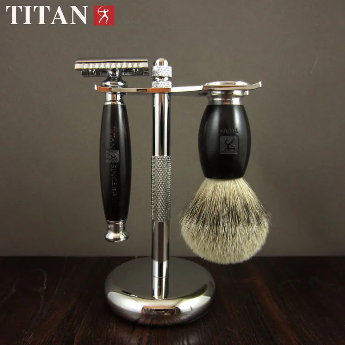 Титановая Безопасная бритва с деревянной ручкой, бритва с подставкой, щетка для бритья,, продукт для бритья