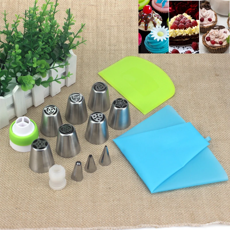 

BEEMSK 14pcs/set Russia Nozzle Icing Piping Tips 2pcs couplers 1Pcs Silicone Bag Plastic cream scraper Cupcake Cake Decorating
