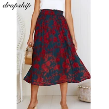 Прямая поставка, юбка, юбки женские, плиссированные, длинные, макси, черные, высокая талия, Faldas Mujer Moda, Boho, весна-лето, с принтом, в горошек, с карманами