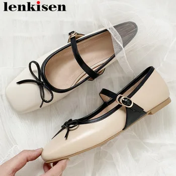 

2019 hand-sewn leather mixed color buckle strap bowtie full grain leather ballet shoes square toe concise style dating shoes L06