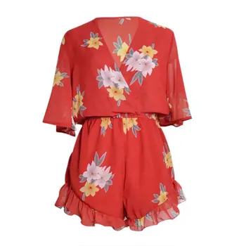 

2019 Brand New summer floral print short sleeve ruffles women playsuit jumpsuit rompers beach style short overalls