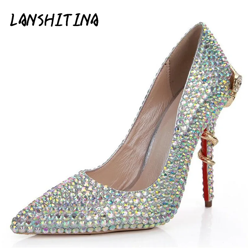 

Newest Women Shoes 11CM High Heels Wedding Pointed Toe Heels Diamond Genuine Leather Dress Shoe Bride Shoes Crystal Party Pumps