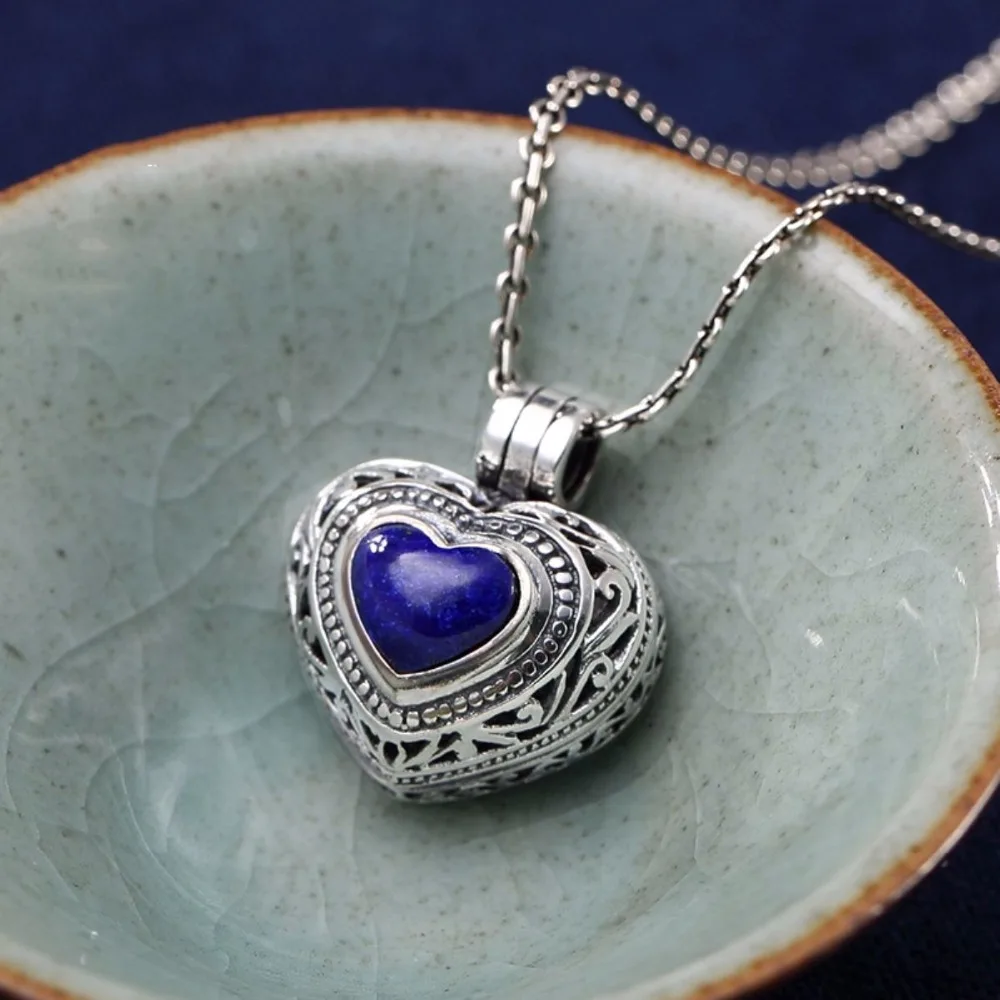 Sterling Silver Lapis Lazuli Fashion Pendant Women Luck Heart Open Pendant