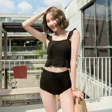 Новинка, сексуальный купальник с оборками, комплект бикини, мягкая подкладка, купальник, пляжный купальник с бретелькой через шею, черный купальник из трех частей для женщин