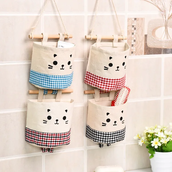 1pc Storage basket Wall Sundry Bags Pouch Pocket Fabric Cotton Hanging