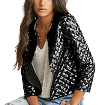 

2019 New Spring Stylish Lozenge Jackets Women Gold Sequins Jacket Three Quater Sleeve Women Jacket Fashion Coats Female Tops