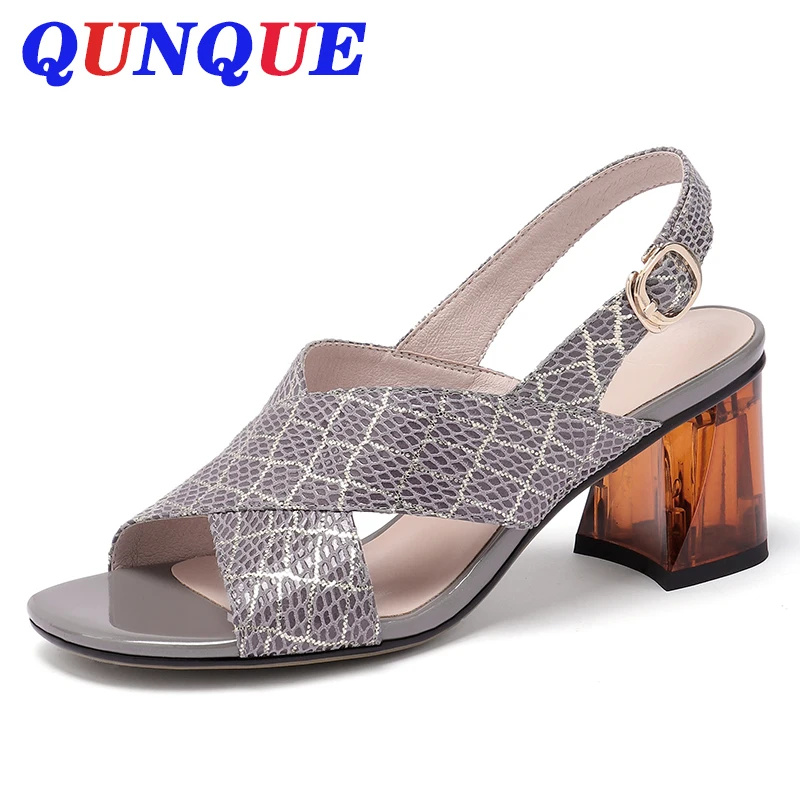 

2019 women sandals Genuine leather Snake Texture buckle strap Open toe beaches sandals party dress shoes Plus size 34-42 a040