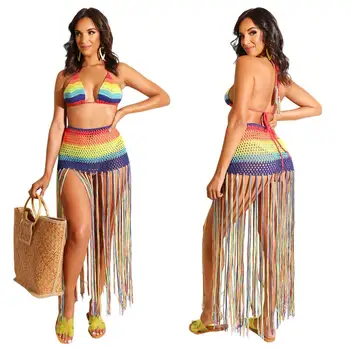 

2019 summer women two piece set rainbow stripe Crochet halter crop top tassel splicing sexy maxi skirt suit