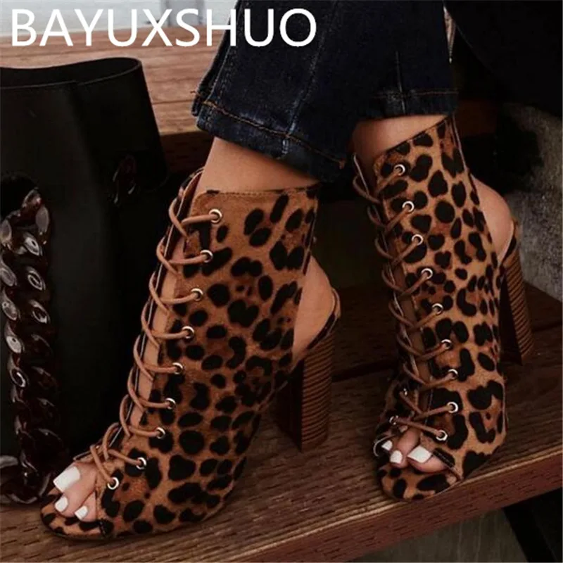 

BAYUXSHUO summer Ladies High Heel Boots Leopard Flock Square Heels Fashion Open Toe Buckle Sandals Casual Sexy Party Women Shoes