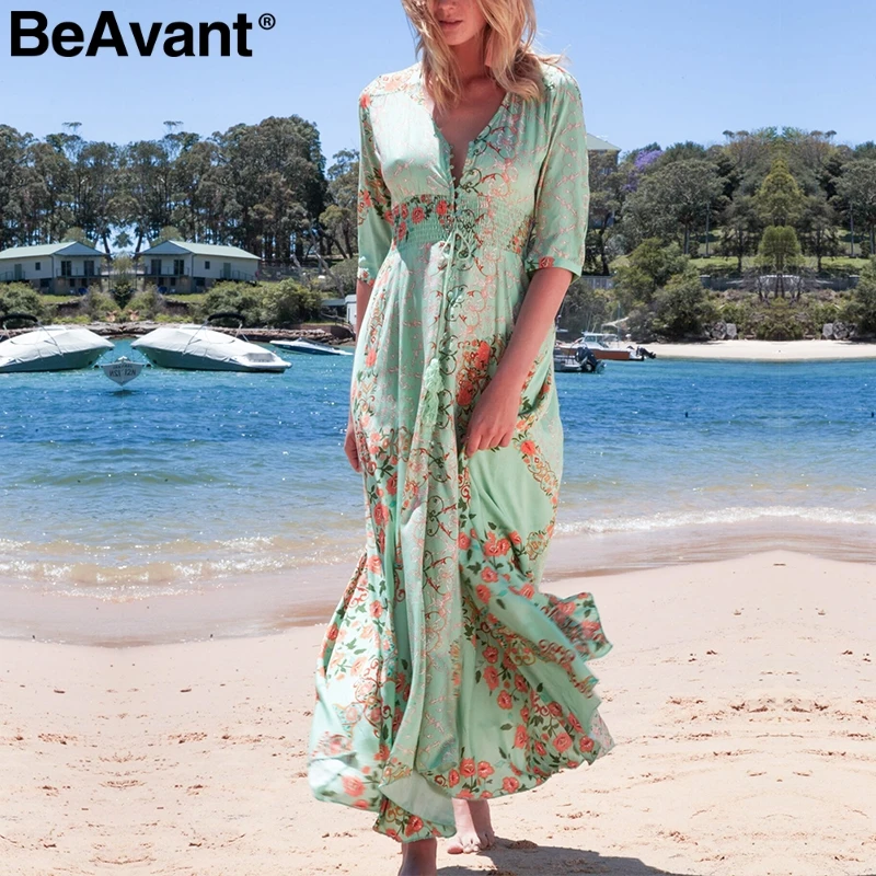 BeAvant Floral print summer maxi dress women V neck button split boho dresses casual Holiday beach long plus size vestidos | Женская