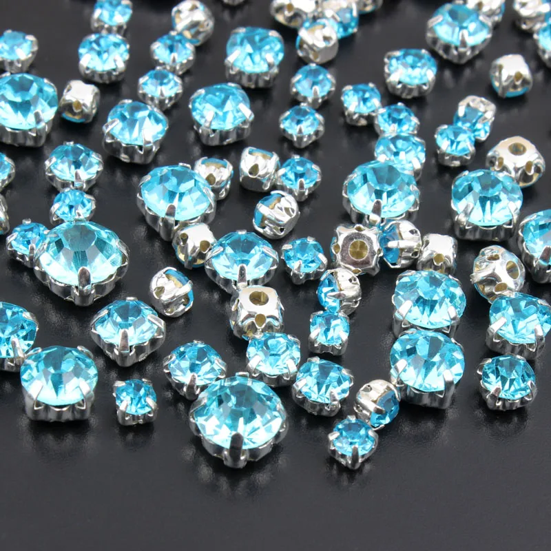 Sew on Rhinestones Aquamarine 4mm 8mm Mix Size 120pcs Silver Rhinestone