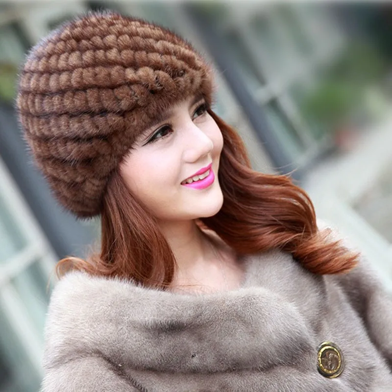 

Fur Hat Guarantee 100% Natural Mink Fur Cap Women Knitted Beanie Hats For Winter Bone Fashion Warm Pineapple Caps