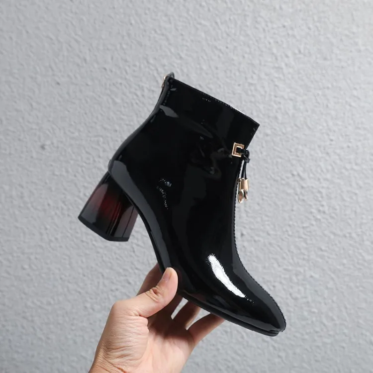 

MLJUESE 2019 women ankle boots Cow leather black color winter short plush square toe high heels female boots party dress wedding