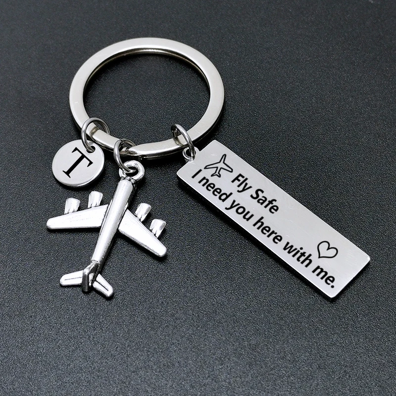 

Engraved Fly Safe Airplane Drive Safe Car Keychain Custom A-Z 26 Initial Key Ring Letter Pilot Flight Attendant Gift Jewelry